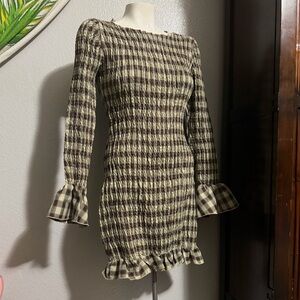 Plaid Street Smocked Long Sleeve Mini Dress in Cream & Brown